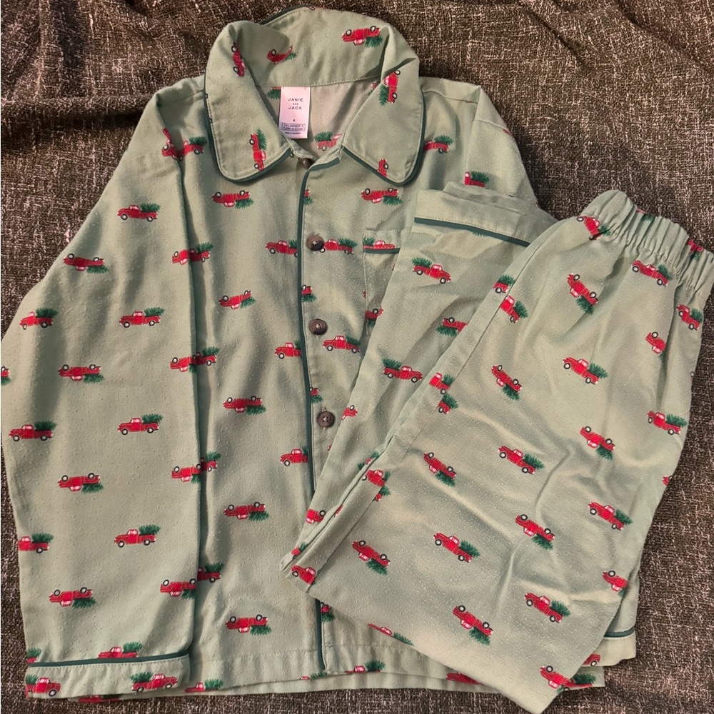 Janie and Jack Green and Red Pajama Sets with Playful Car Print